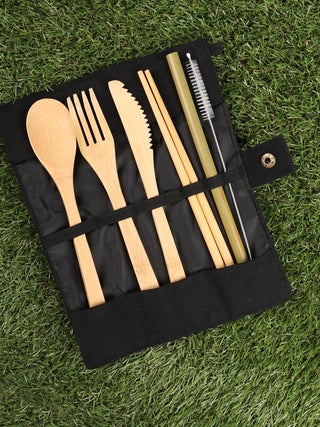 Bamboo Travel Cutlery Set black pouch