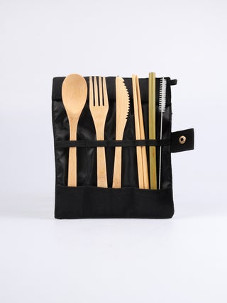Bamboo Travel Cutlery Set black pouch