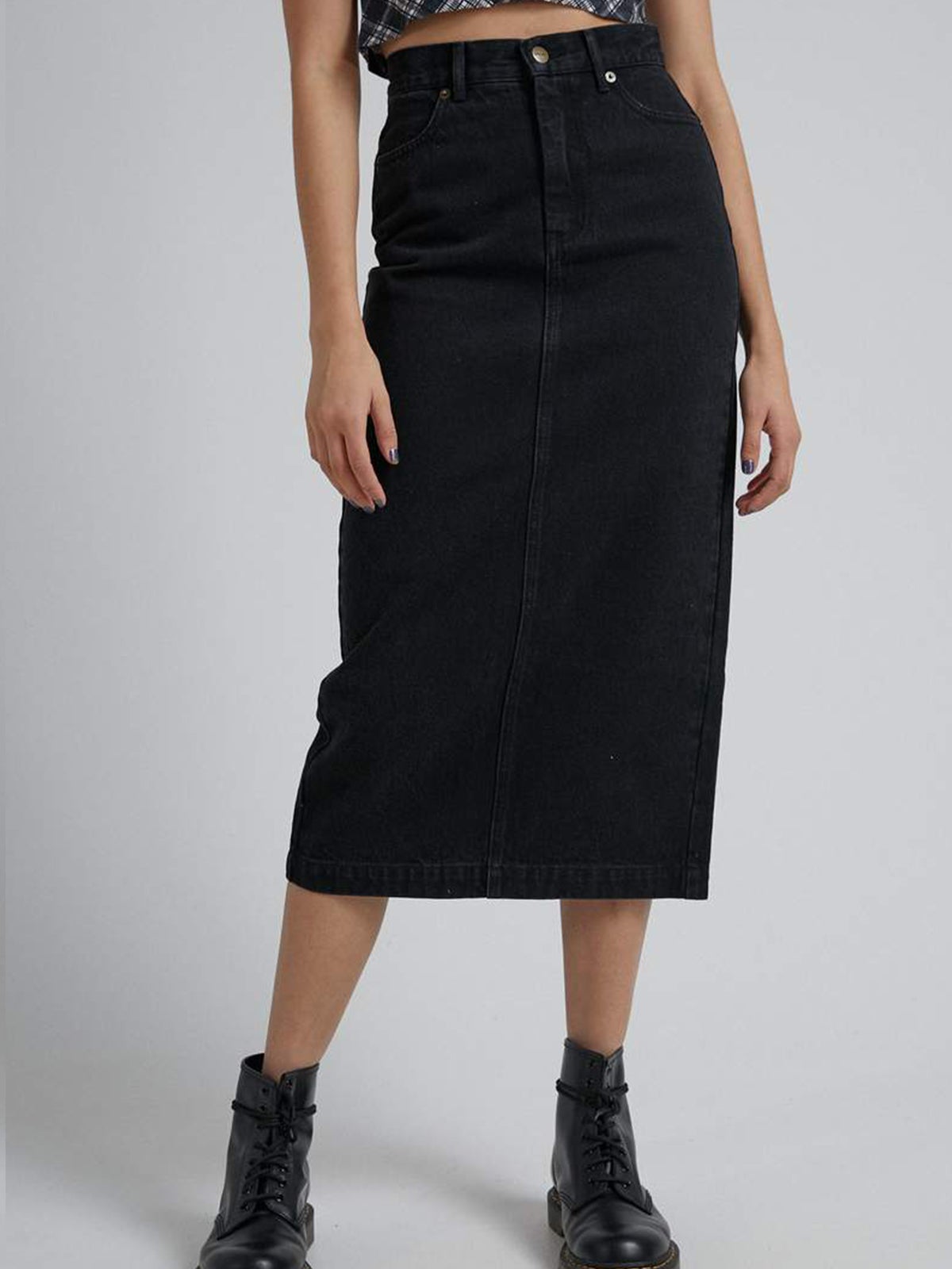 black denim midi skirt